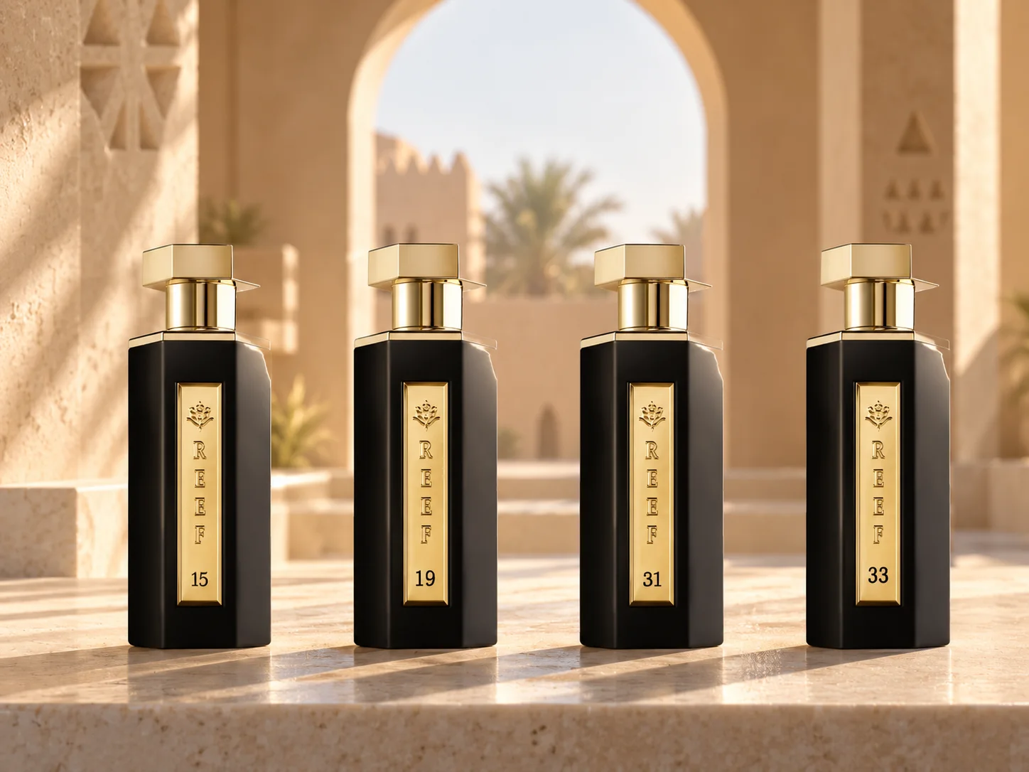 Coffret Découverte REEF : REEF 15, REEF 19, REEF 31 et REEF 33 en 100 ml, alignés sur une pierre claire sous une arche.