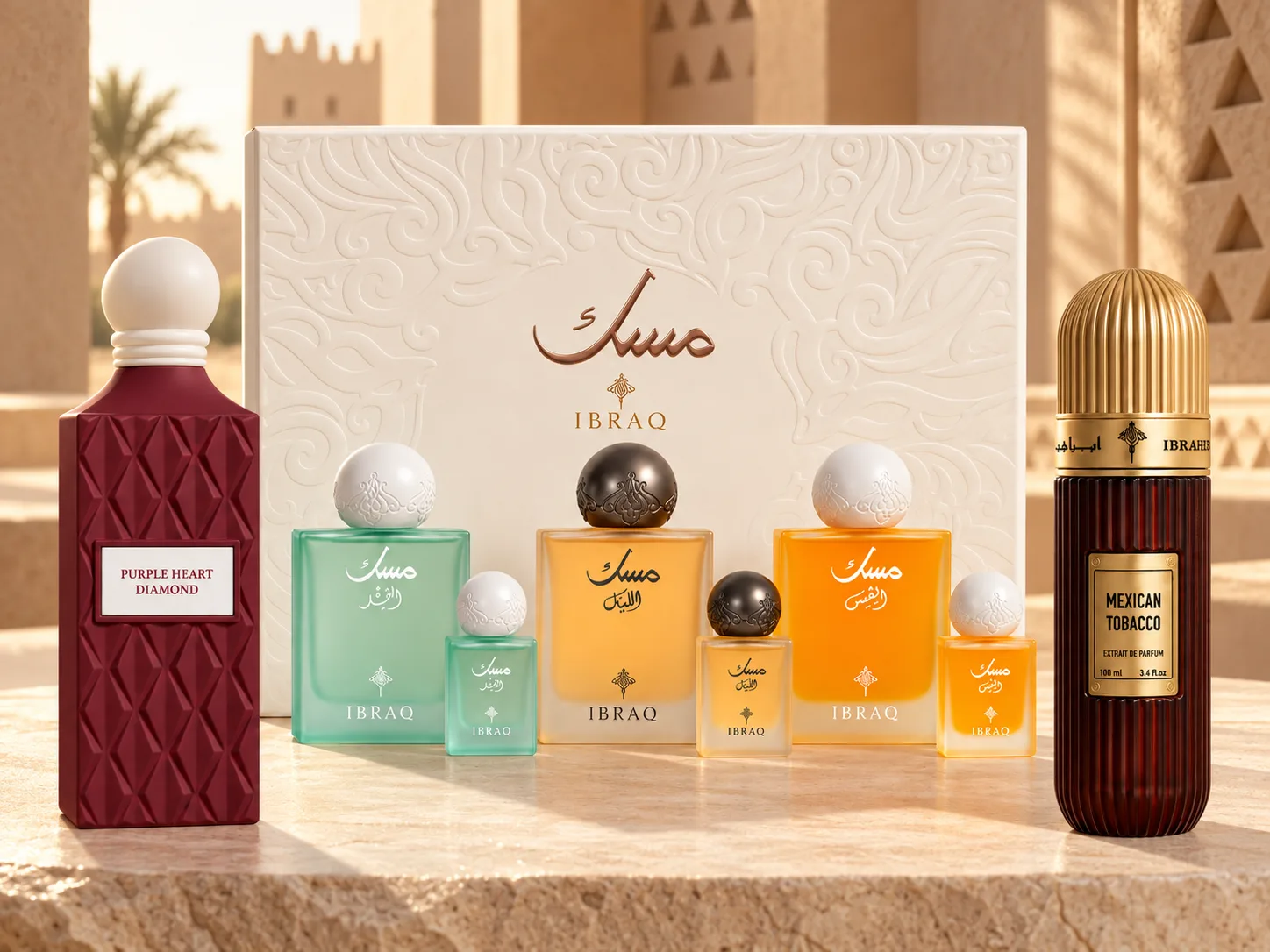 L'Absolu IBRAQ : Musk Collection 5, Purple Heart Diamond 150 ml, Mexican Tobacco 100 ml, photographies officielles réunies sur fond clair.