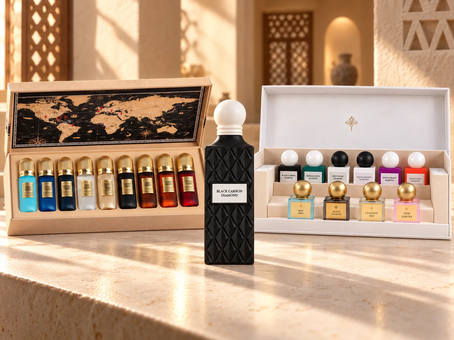 Horizons : Black Carbon Diamond 150 ml, Discovery Diamond White 10 × 10 ml, Tobacco Collection 9 × 10 ml, photographies officielles réunies sur fond clair.