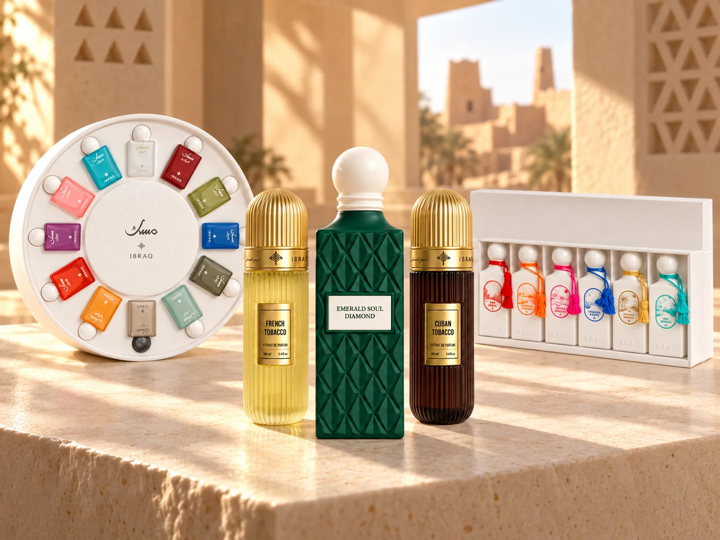 L'Essence IBRAQ : Musk Collection 12 × 20 ml, Emerald Soul Diamond 150 ml, French Tobacco 100 ml, Cuban Tobacco 100 ml, Mini Summer Collection 6 × 10 ml, photographies officielles réunies sur fond clair.