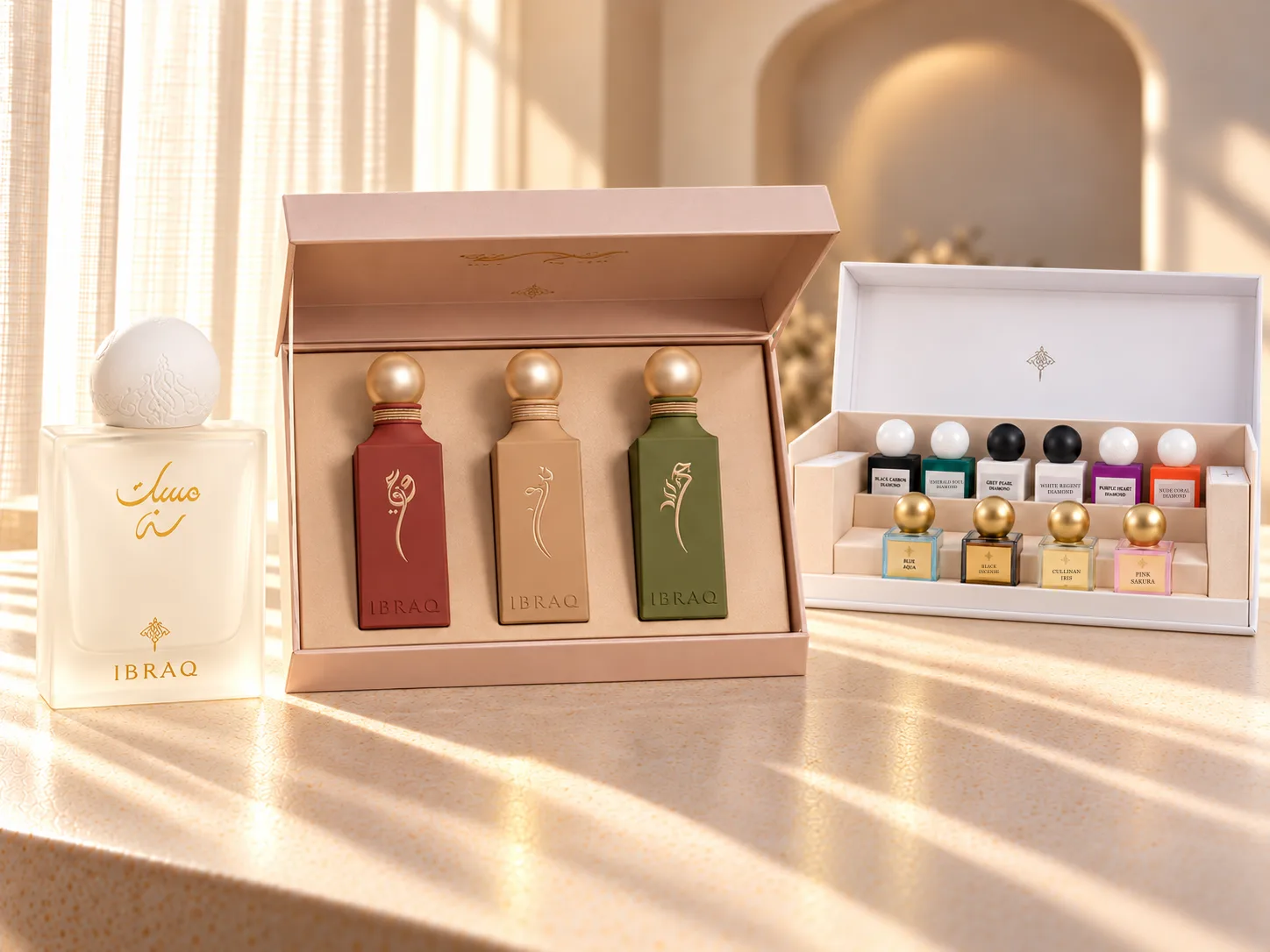 L'Héritage : Nawa 100 ml, Jareed 100 ml, Athq 100 ml, Discovery Diamond White 10 × 10 ml, Special Musk 75 ml, photographies officielles réunies sur fond clair.