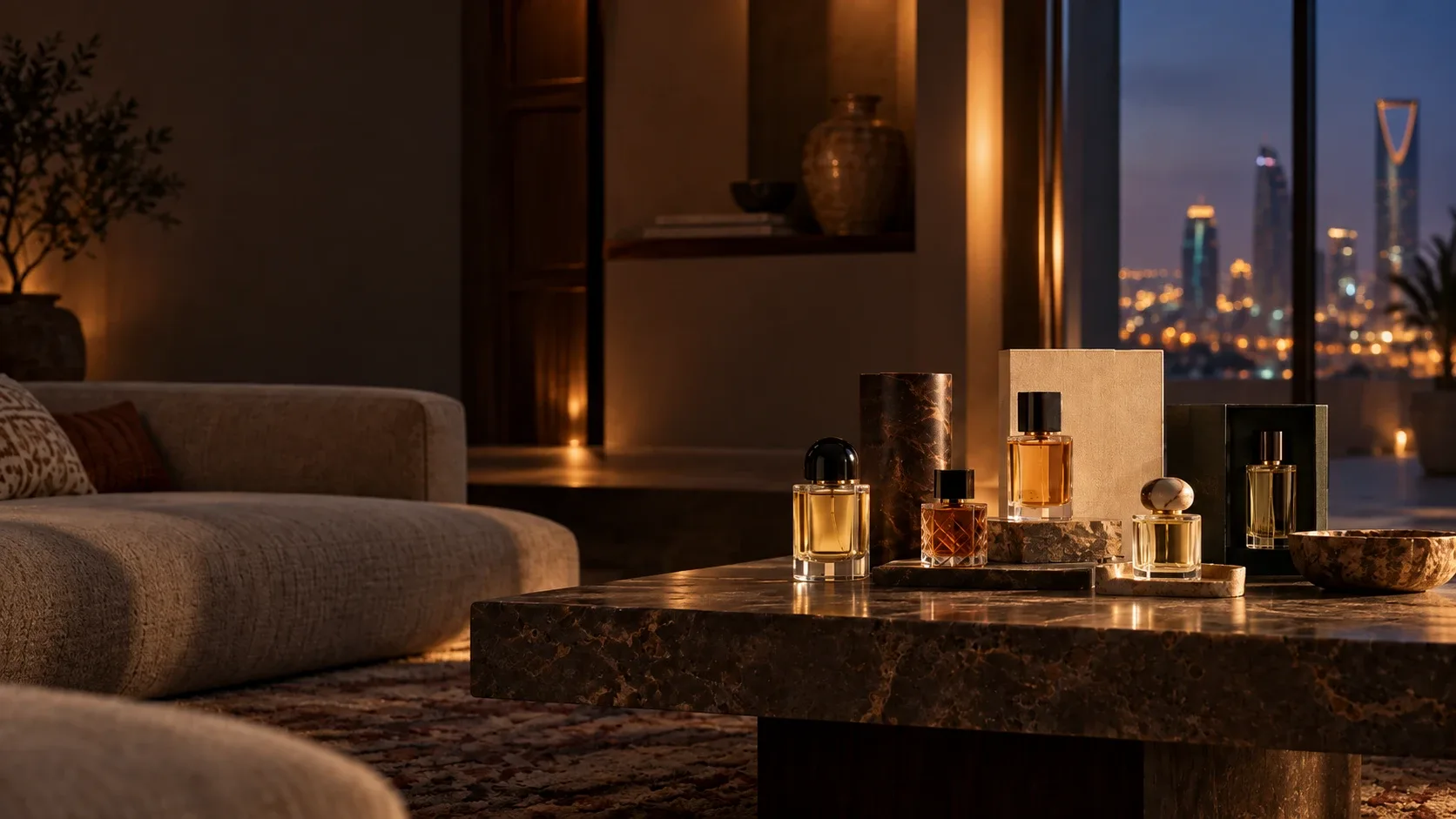Perfume bottles and their cases on a marble table, in a living room in amber light, facing a city lit up at night.