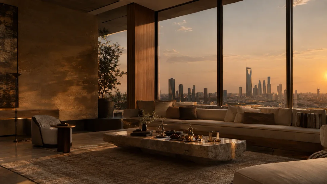 A living room in golden sunset light, a coffee service on a stone table, and a city seen through the glass walls.